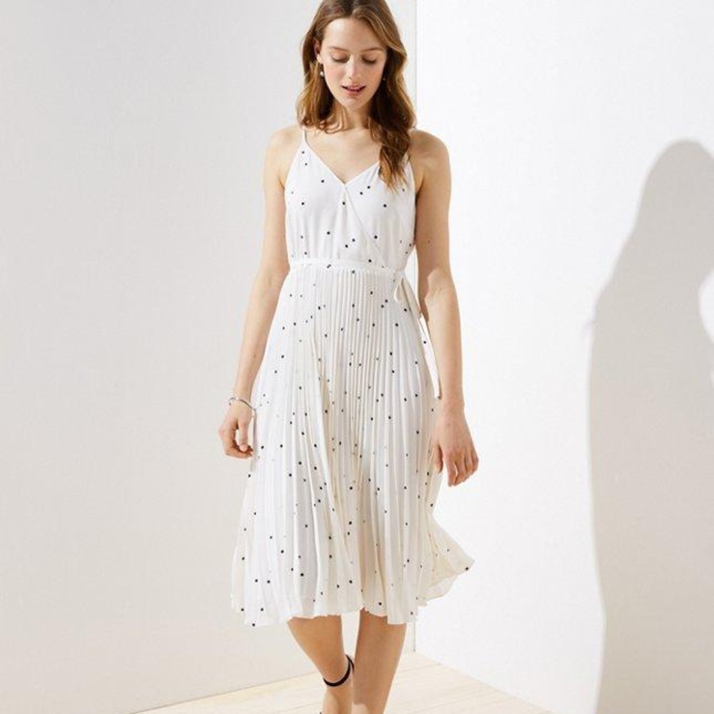 Tall white Polka dot Pleated Wrap Midi Dress NWOT